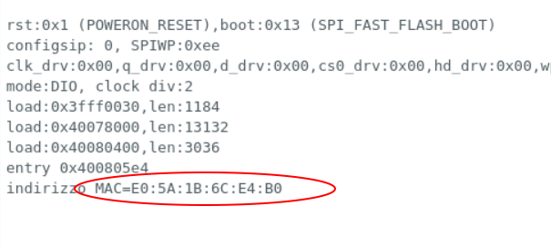 L'output del serial monitor di Arduino con indirizzo MAC della ESP32-CAM
