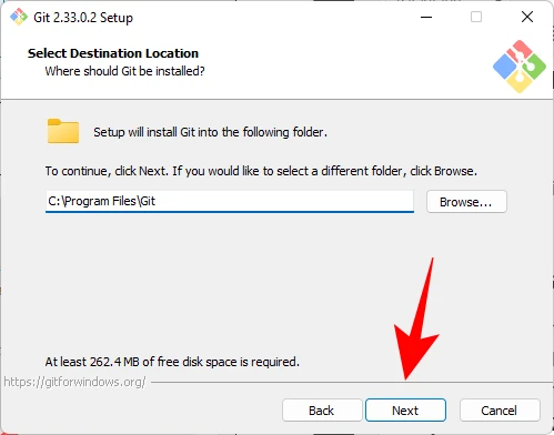 La scelta della direcory destinazione di GIT  durante la installazione di GIT su Windows