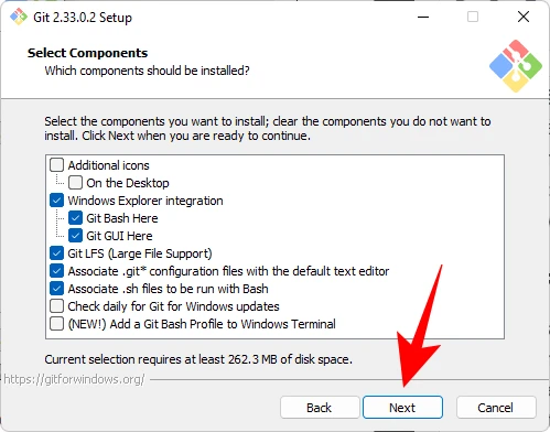 I componenti da installare con GIT durante la installazione di GIT su Windows
