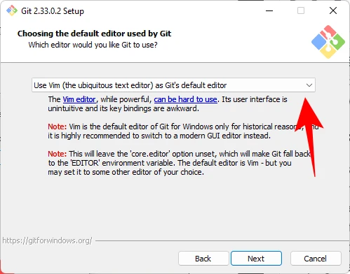 la scelta dell'editor di default per GIT durante la installazione di GIT su Windows