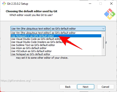 selezione di Notepad come editor prt GIT durante la installazione di GIT su Windows