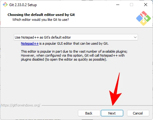 La conferma di Notepad++ come editor di default di GIT durante la installazione di GIT su Windows