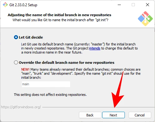 La scelta del branch di default per GIT durante la installazione di GIT su Windows
