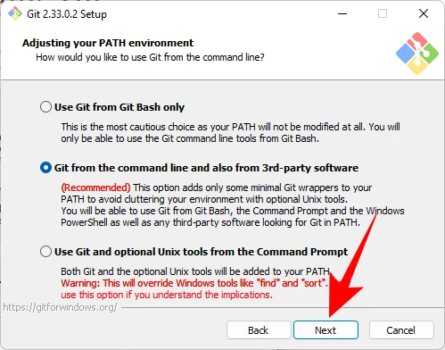 settaggio di PATH per GIT  durante la installazione di GIT su Windows