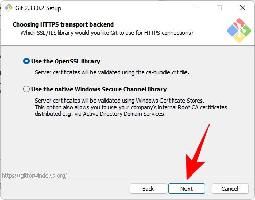 La scelta di SSL per GIT  durante la installazione di GIT su Windows