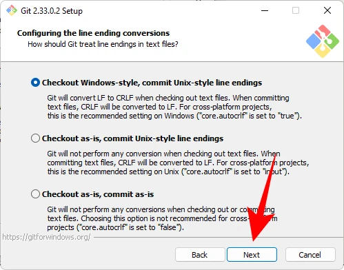 la scelta del carattere di fine riga per i repository di GIT durante la installazione di GIT su Windows