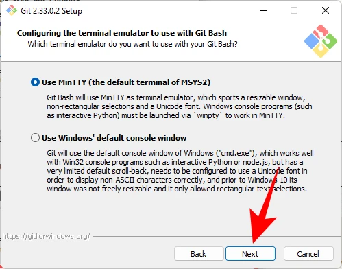 La scelta dell'emulatore di terminale durante la installazione di GIT su Windows