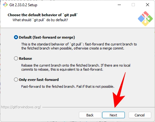 La scelta del comportamento di GIT pull durante la installazione di GIT su Windows