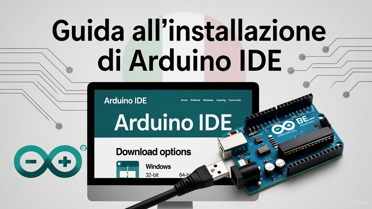 scheda Arduino Uno con schermata sull'IDE e cavetto USB 2.0 specifico per Arduino