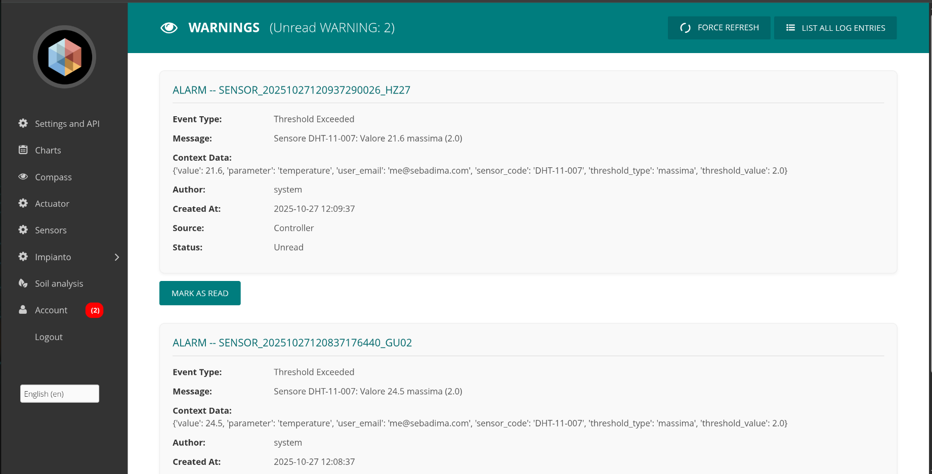 Sistema di notifiche per il sensore DHT11