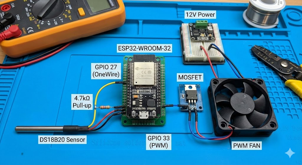 Schema collegamento ESP32 e Sensore DS18B20