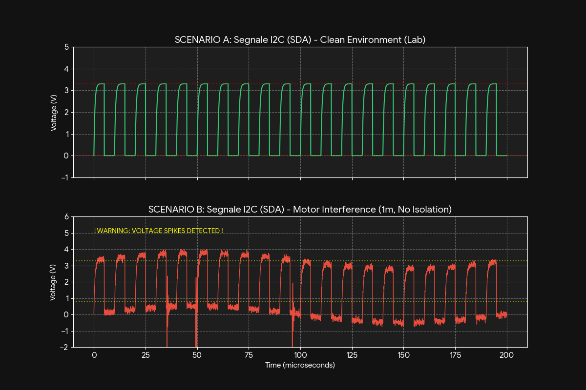 Analisi oscilloscopica I2C: Segnale Clean vs Interferenza Motore Trifase