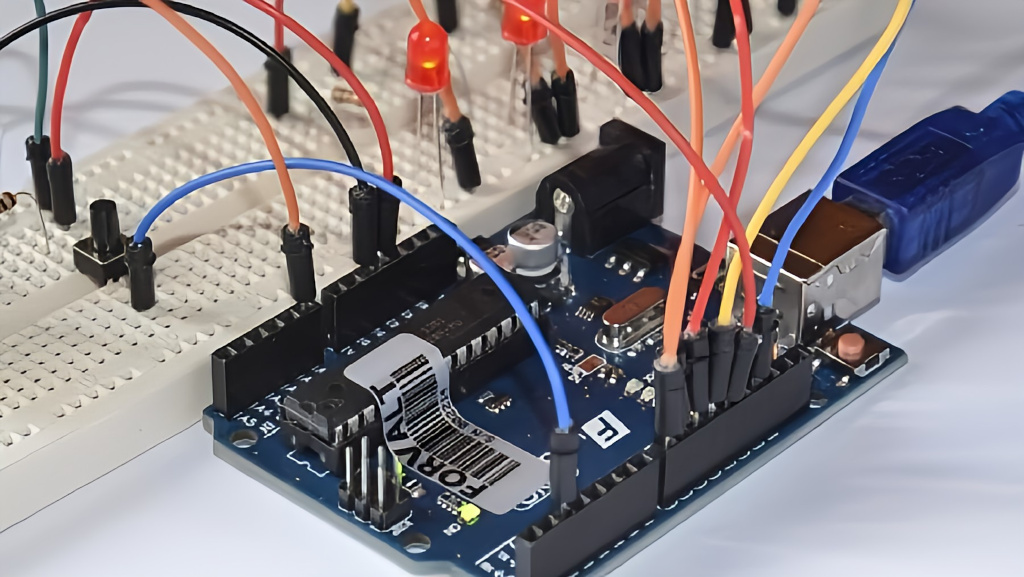 breadboard collegata con dei connettori Dupont a una scheda Arduino Uno