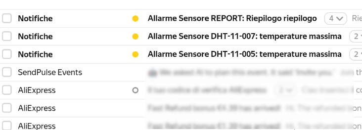 Immagine degli avvisi via email per il superamenteo dei valori massimi per un sensore di temperatura DHT-11