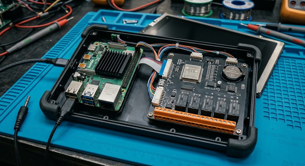 Disposizione interna Dual-CPU: RPi4 affiancato alla PCB ESP32