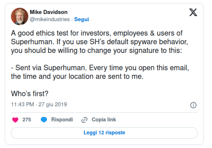 tweet di Mike Davidson sulla sicurezza delle email