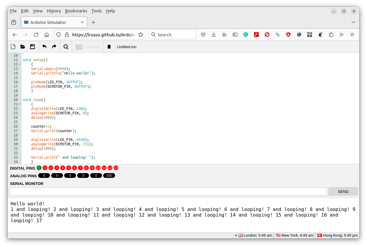 Arduino Simulator in esecuzione su un browser web