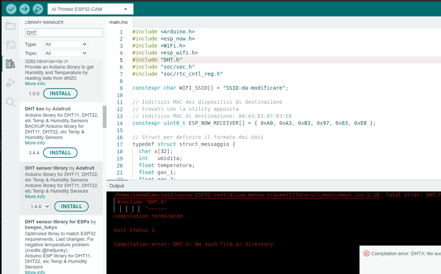 installazione della libreria DHT di Adafruit su Arduino IDE