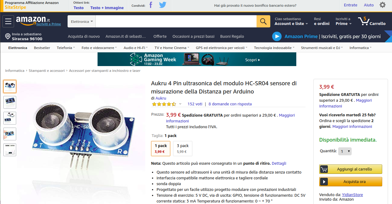 pagina di amazon con il sensore HC-SR04